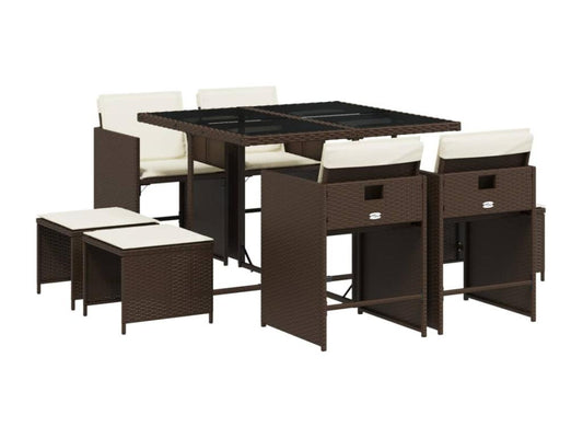 Ensemble à manger de jardin et coussins 9 pièces marron poly rotin VDQF00797