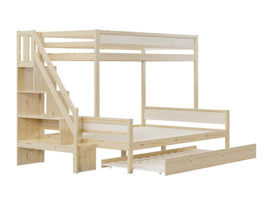 Lit superposé enfnat 90x200 140x200cm avec lit gigogne 90x190cm sommier à Nobellea escalier et étagère en bois Naturel YCGP67432