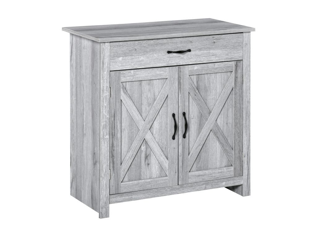 Dekonao Buffet 2 portes tiroir style rural Dekonao placard avec étagère poignées métal noir MDF panneaux particules aspect bois gris clair FRKS05437
