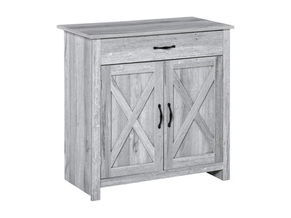 Dekonao Buffet 2 portes tiroir style rural Dekonao placard avec étagère poignées métal noir MDF panneaux particules aspect bois gris clair FRKS05437