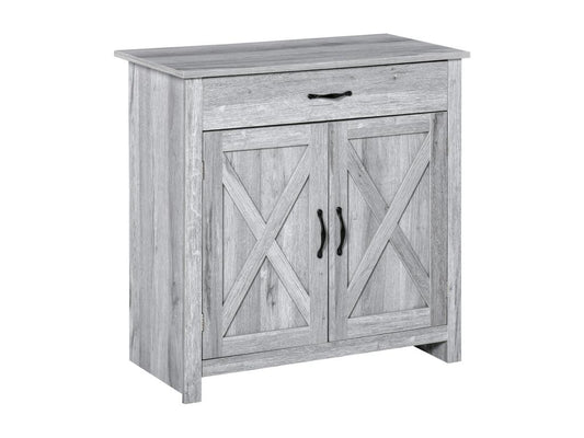 Dekonao Buffet 2 portes tiroir style rural Dekonao placard avec étagère poignées métal noir MDF panneaux particules aspect bois gris clair FRKS05437