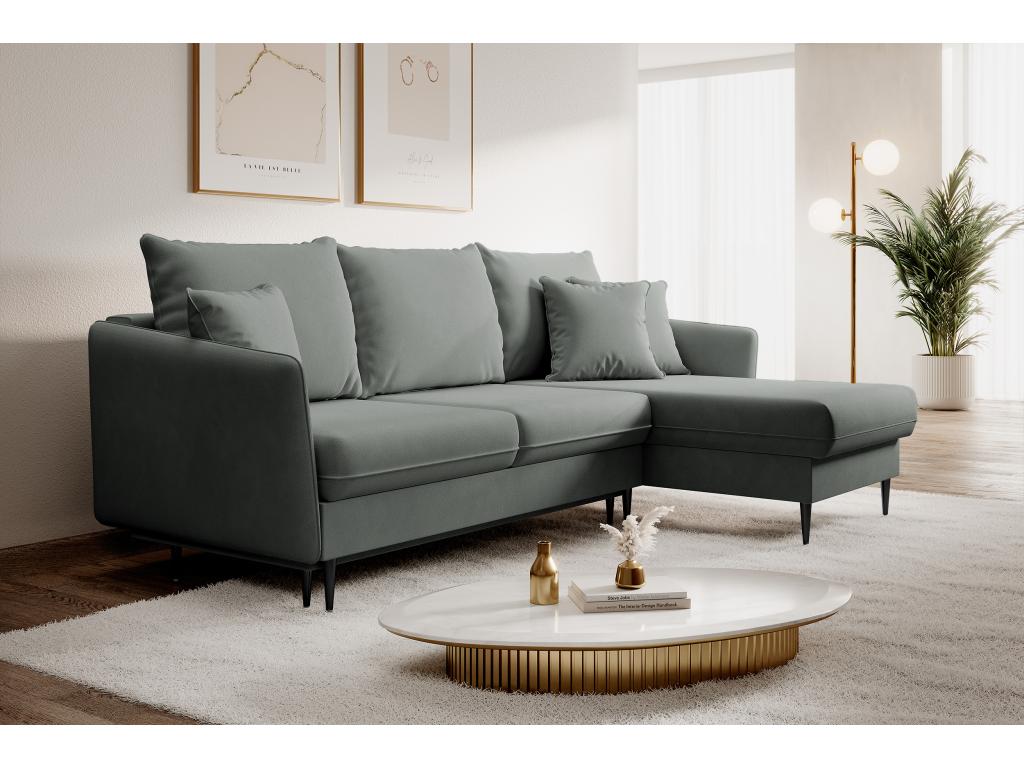 Canapé d'angle - 223 cm - avec fonction couchage - velours hydrophobe - gris - pieds noirs - Dekonao QEQV29433
