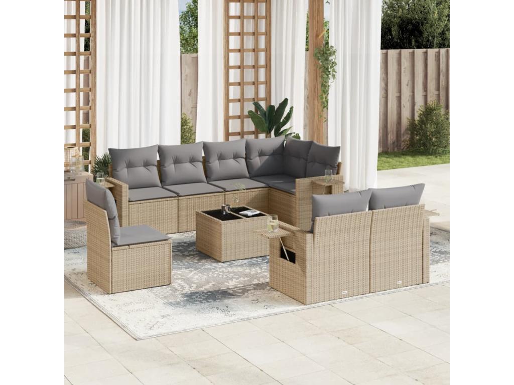 Salon de jardin avec coussins 9 pcs beige résine tressée EIQD32568