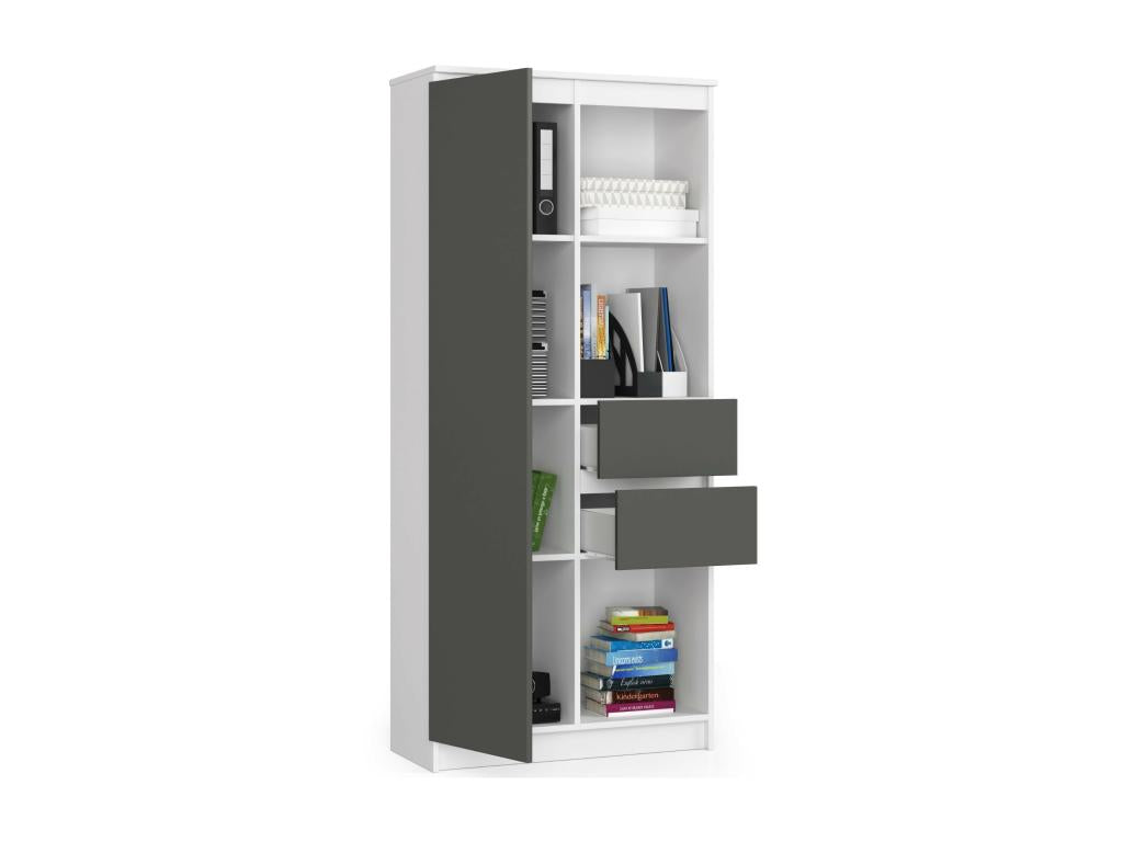 Bibliothèque de bureau Dekonao R15 Blanche 80 cm 1 porte 2 tiroirs façade Gris Graphite 7 étagères 80x35x180 cm VTWB96497
