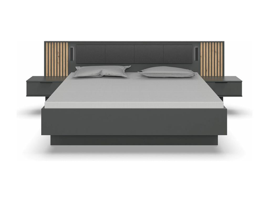 Lit adulte double 180x200 2 chevets coloris graphite lamelles imitation chêne Dekonao - Longueur 301 x Hauteur 104 x Profondeur 210 cm  YYZB26533