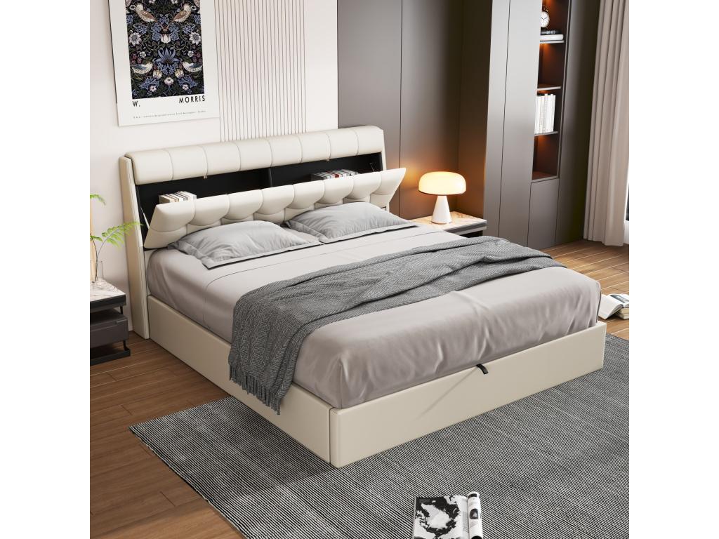 Lit coffre élégant 160x200 cm - étagère tête de lit dissimulée - similicuiir - sommier à Dekonao - blanc ZIYI18973