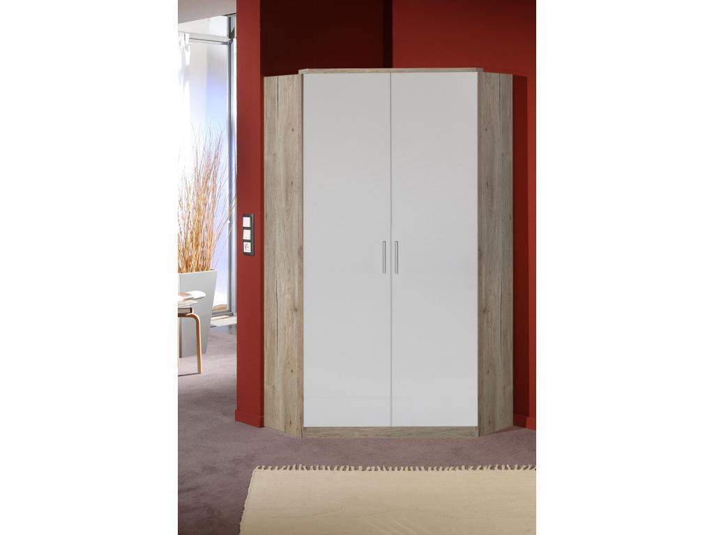 Armoire d'angle meuble de rangement Imitation chêne San Nobellea rechampis blanc JIQY07396
