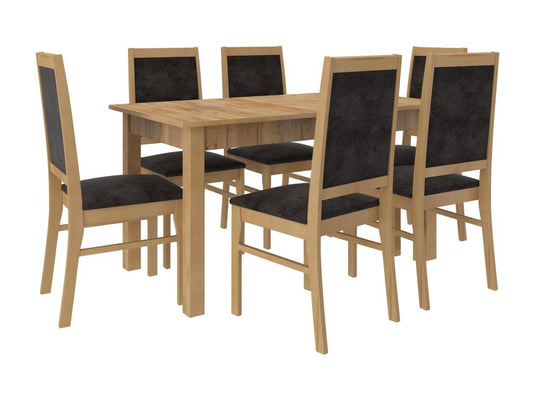 Ensemble table extensible 140-180cm et 6 chaises en bois naturel et tissu noir Nobellea QSMG38430