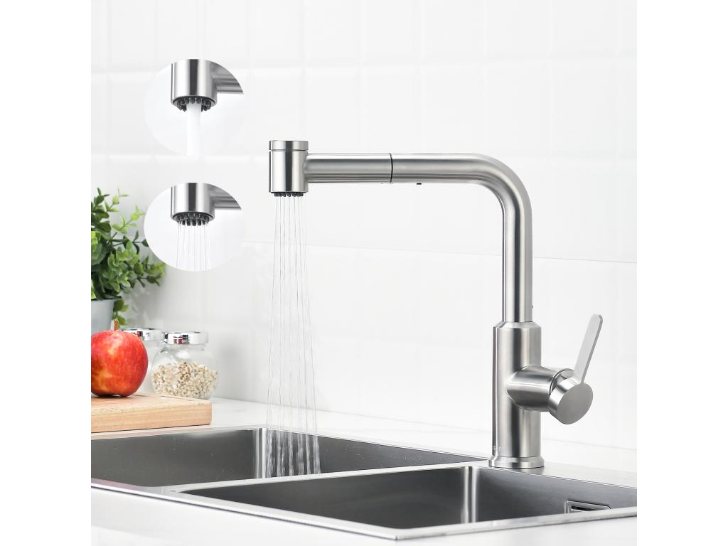 Nobellea max Mitigeur de Cuisine avec Douchette Extractible Robinet d'évier Brossé Robinet d'eau Chaude et Froide 2 Modes de Sortie D'eau EU Modèle PGLM30764