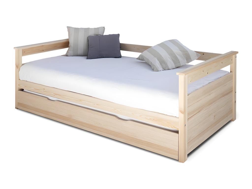 Pack lit gigogne avec 2 matelas 90x200 cm bois massif bois naturel Dekonao KPLY42158