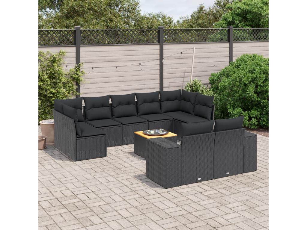 Salon de jardin 10 pcs avec coussins noir résine tressée QWEZ62127
