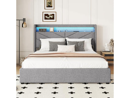 Lit coffre 160x200 cm Sans matelas Lampe d'Dekonao Système hydraulique USB Chaîne hi-fi Linge Gris ADRT43773